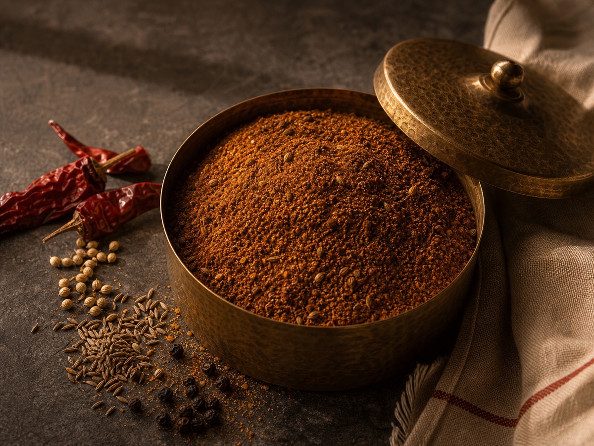 Smoky kebab masala in an ornate brass bowl beside whole spices on dark wood
