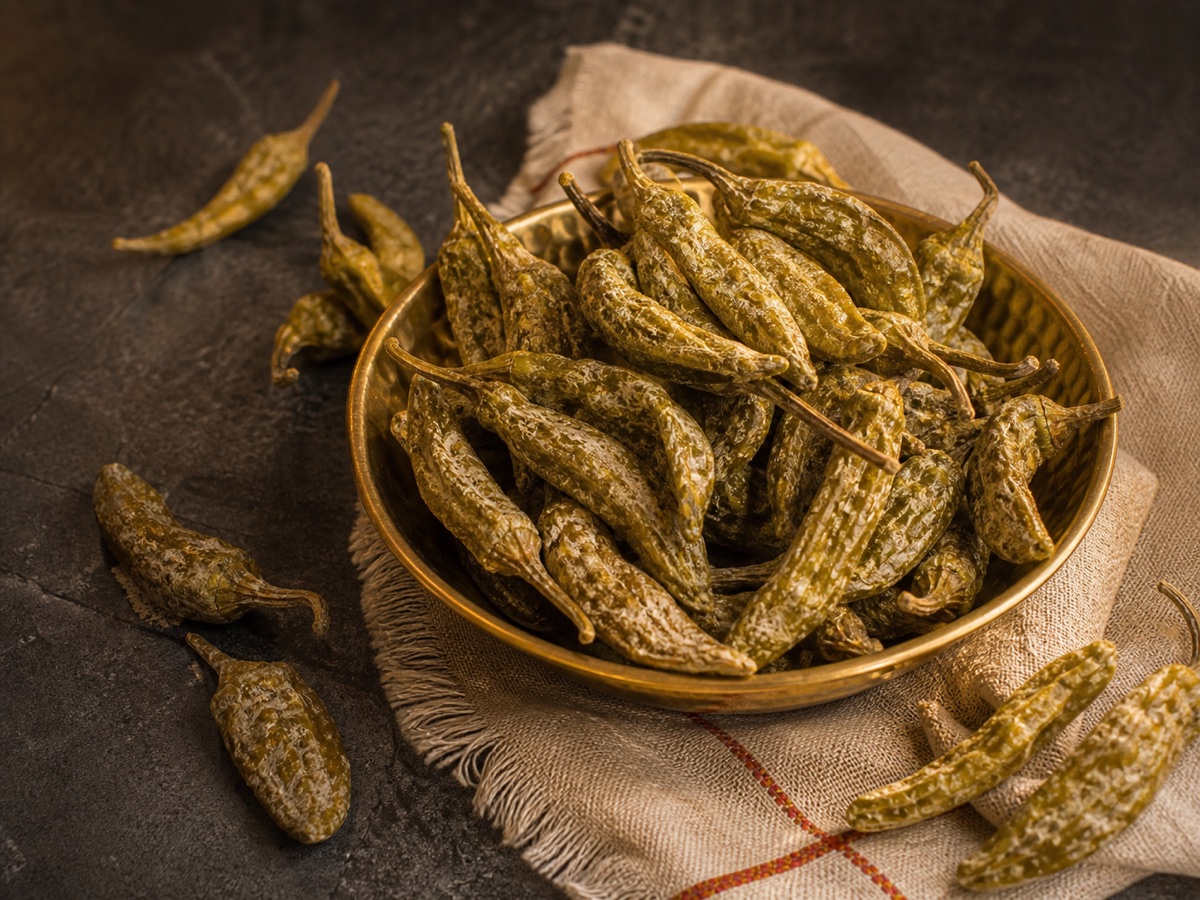 Dahi ki mirchi arranged in a brass bowl on dark wood in warm directional sunlight