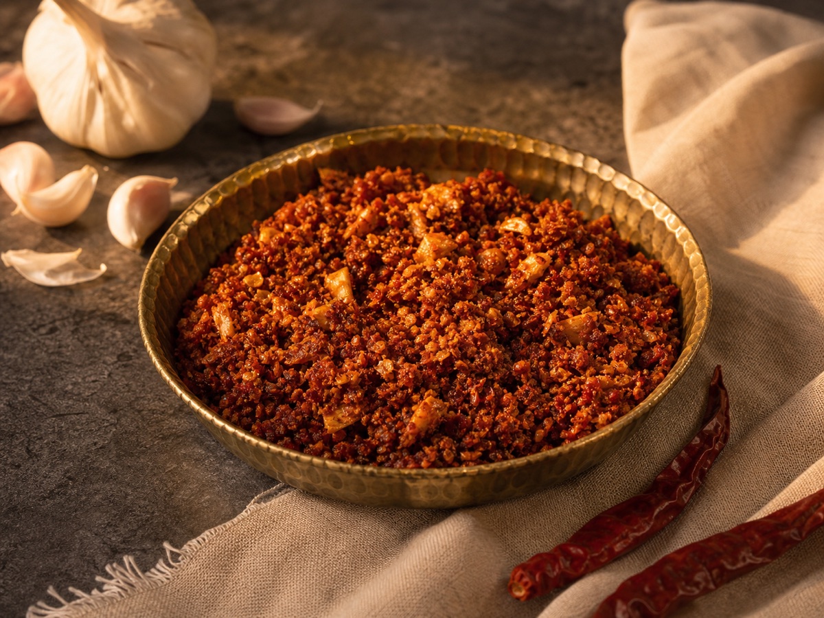 Dry garlic chutney presented in a small brass bowl with garlic and red chillies