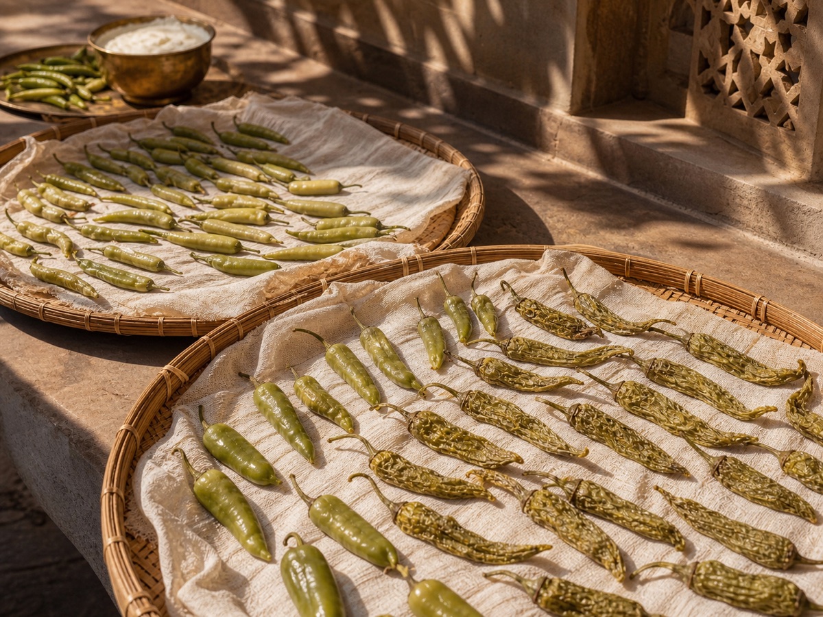 Yogurt-coated green chillies drying on a cloth-covered brass tray in direct sunlight