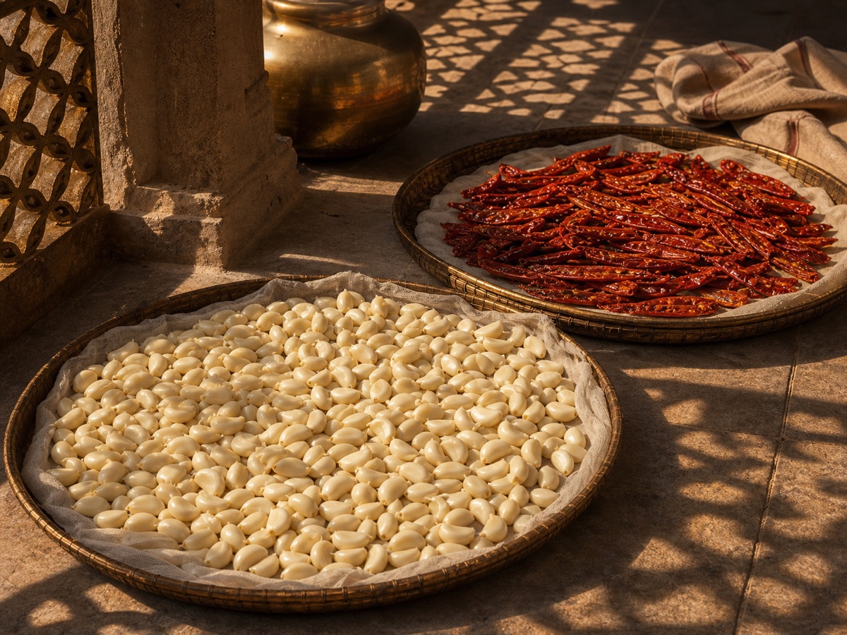 Garlic cloves and red chillies spread in a single layer to dry in warm sunlight