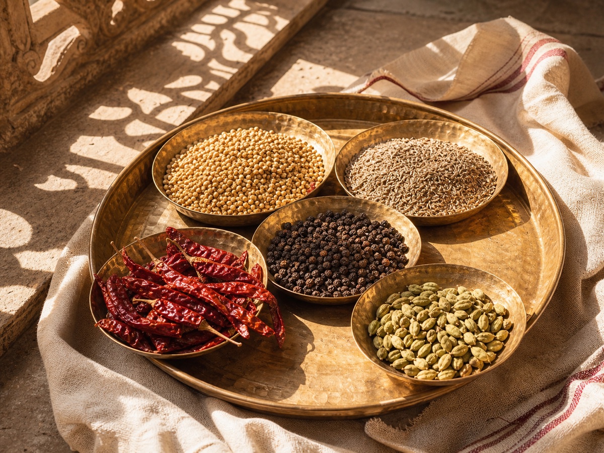 Whole spices resting on brass trays under strong afternoon sunlight