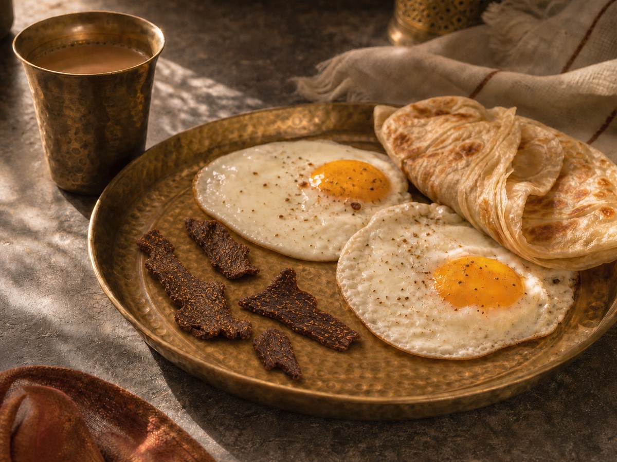 Eggs and flaky paratha with a restrained serving of small irregular dry-kebab pieces
