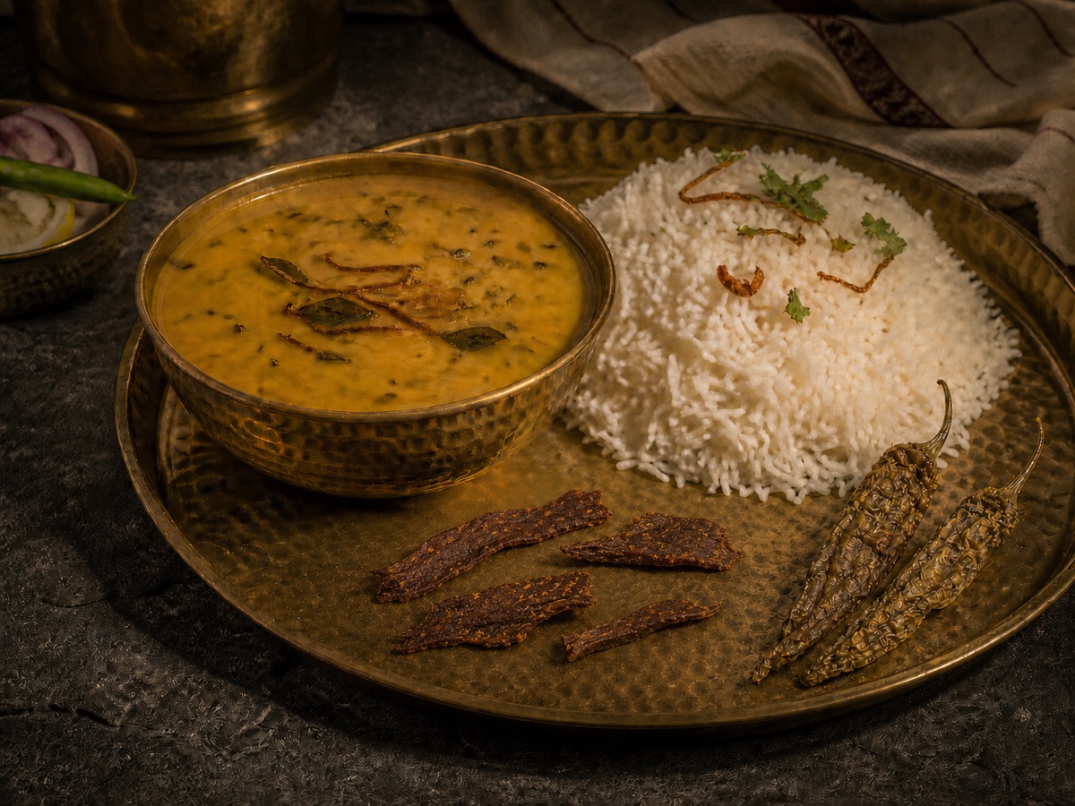 Khatti dal, steamed rice, small uneven dry-kebab pieces and crisp dahi ki mirchi on brass