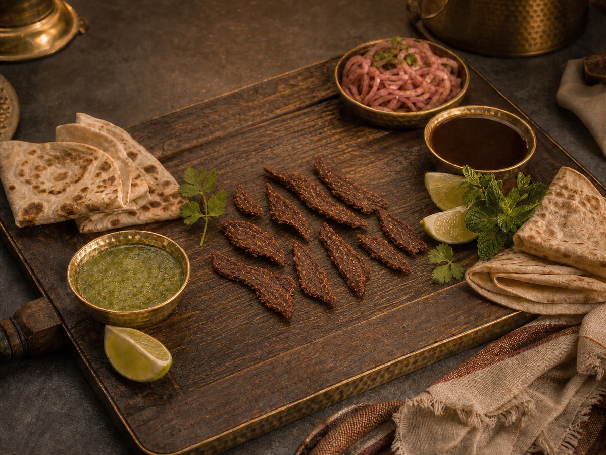 Guest board with small handmade dry-kebab pieces, flatbread, khatti pyaaz, chutneys and lime