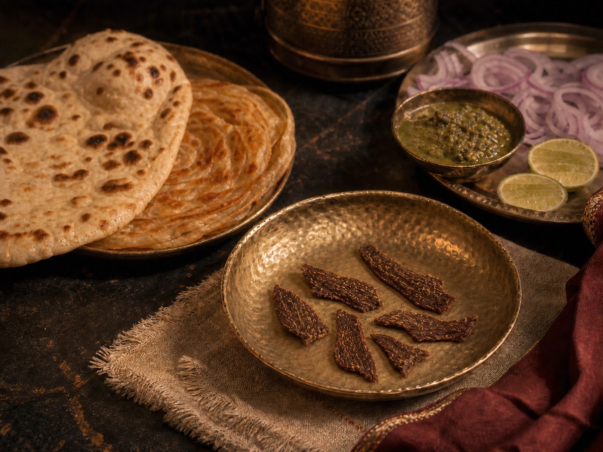 Small irregular dry-kebab pieces with hot naan, paratha, chutney, onion and lime