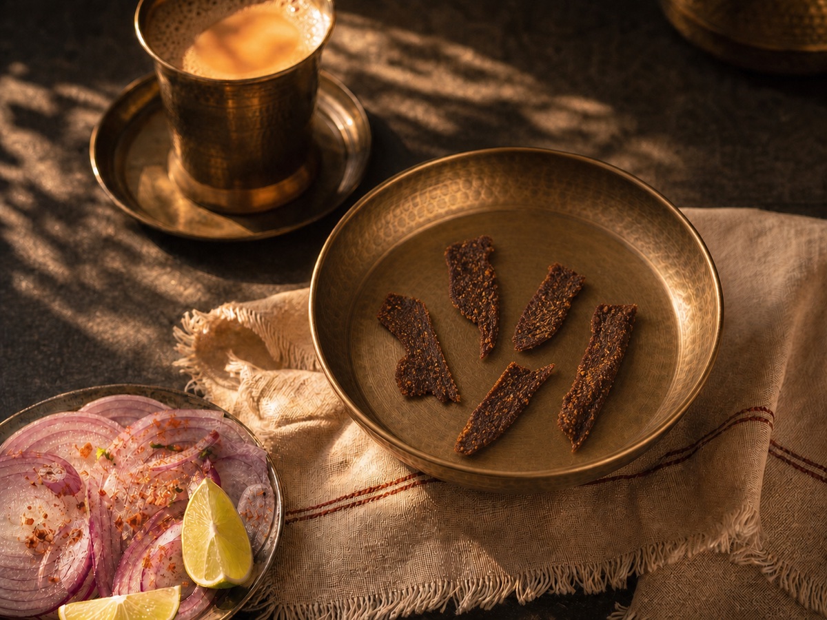 Small jagged dry-kebab pieces served as a delicacy with chai, khatti pyaaz and lime